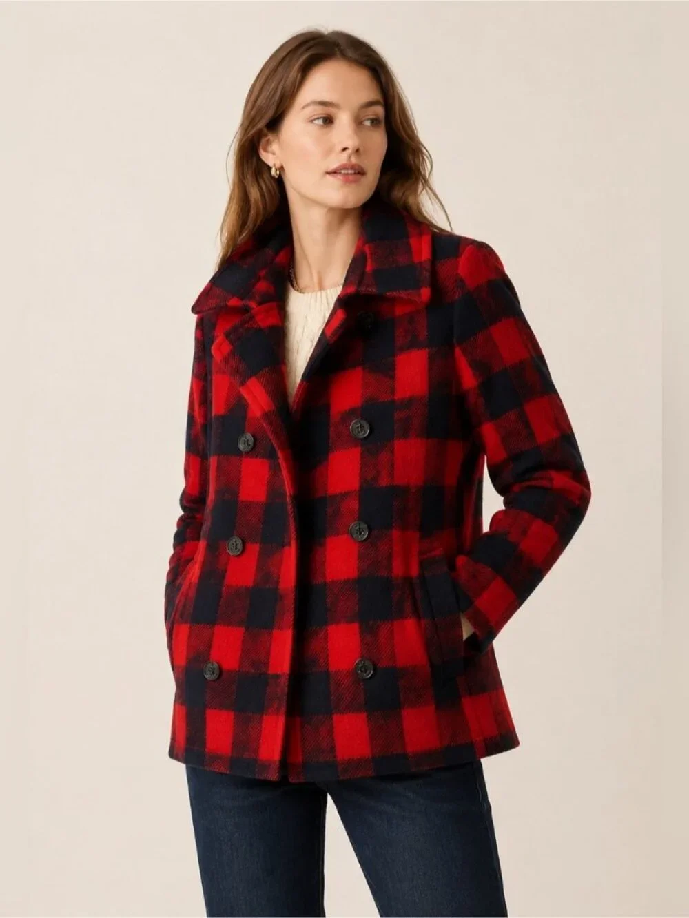 J.Crew Red & Black Buffalo Plaid Double-Breasted Peacoat Jacket Size 6